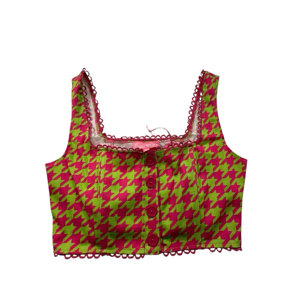 Sugar Thrillz Top Crop Women's Dolls Kill Lime Hot‎ Pink Top Button Front NWT
